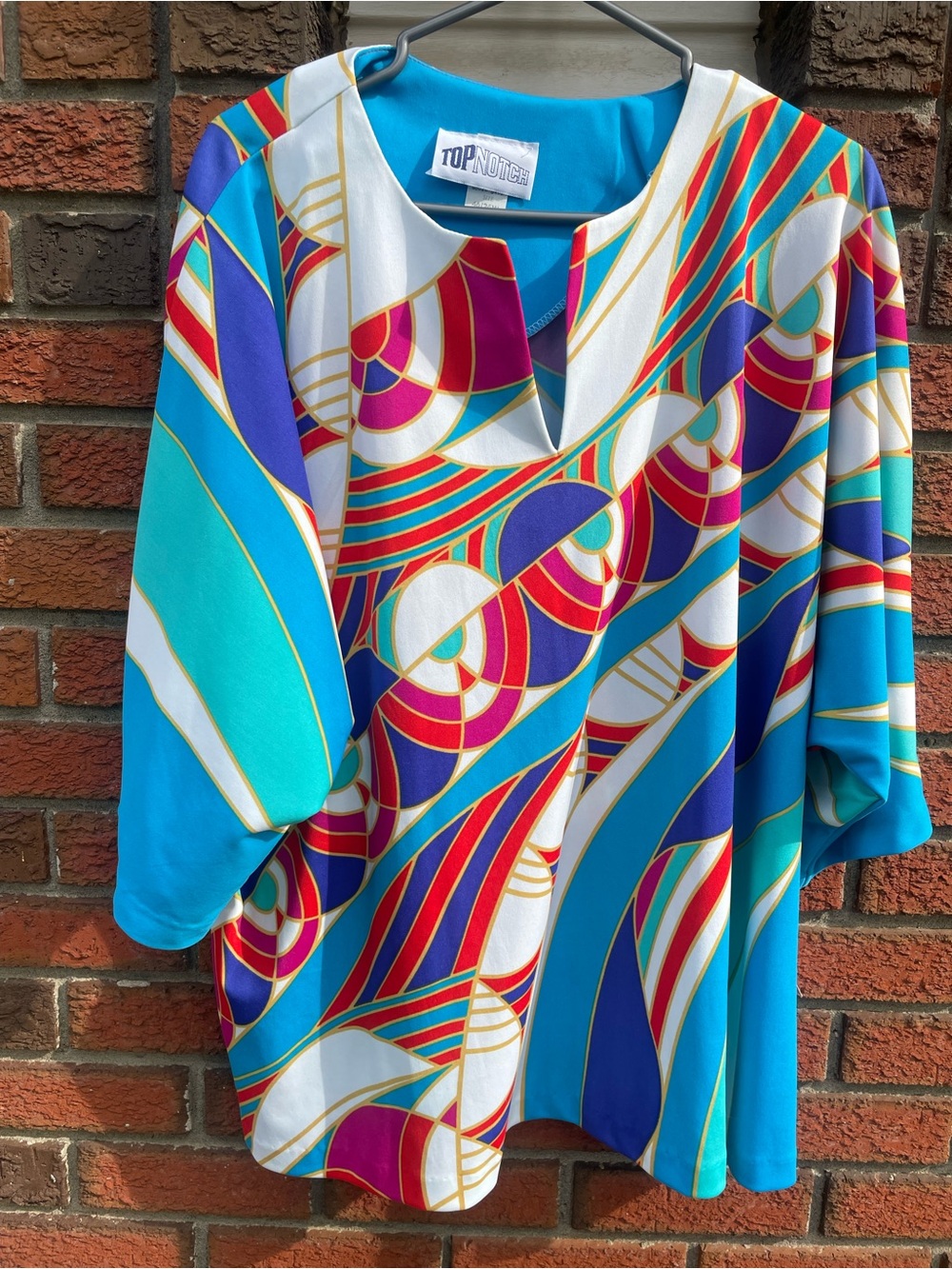 Vintage Deadstock Plus Sized Turquoise Multicolor Geometric Tunic